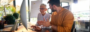 Two colleagues are at a computer researching accounting automation platforms.